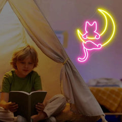 Cat with Moon Neon Sign | Children Room Decor Lets Neon