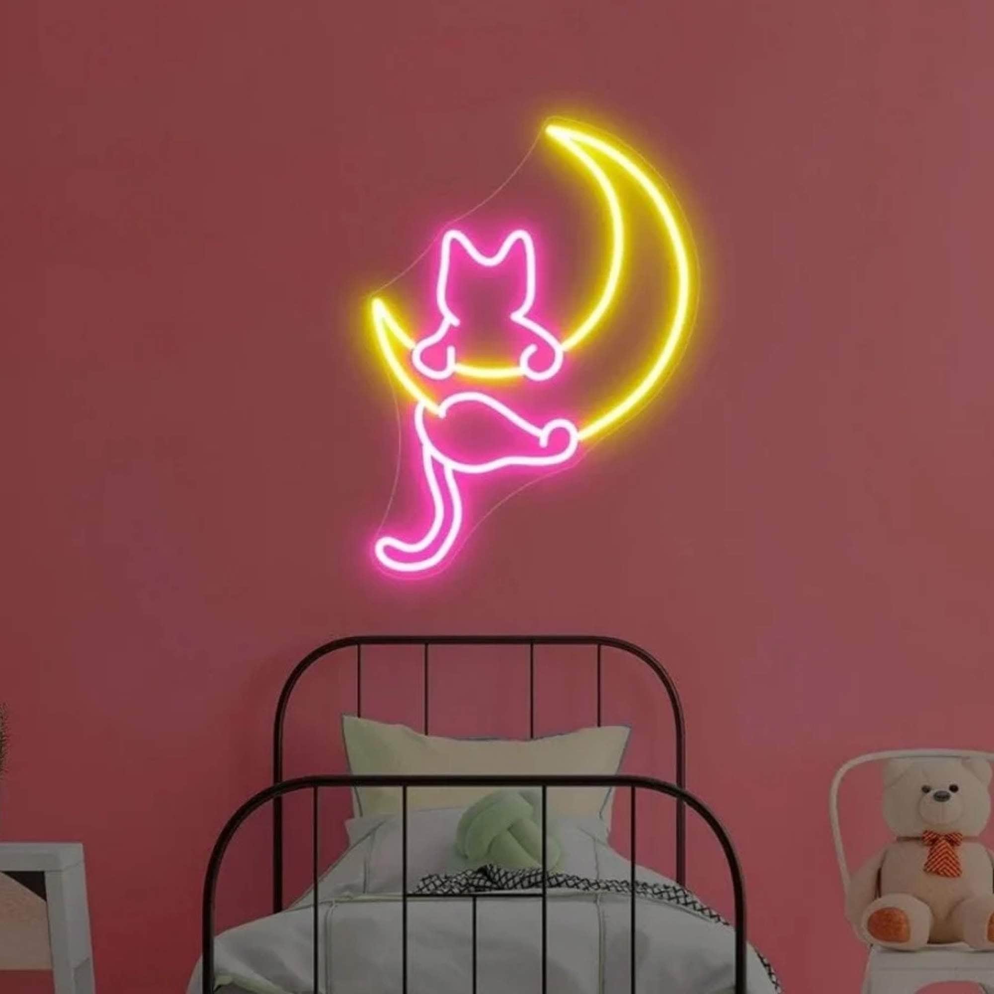 Cat with Moon Neon Sign | Children Room Decor Lets Neon