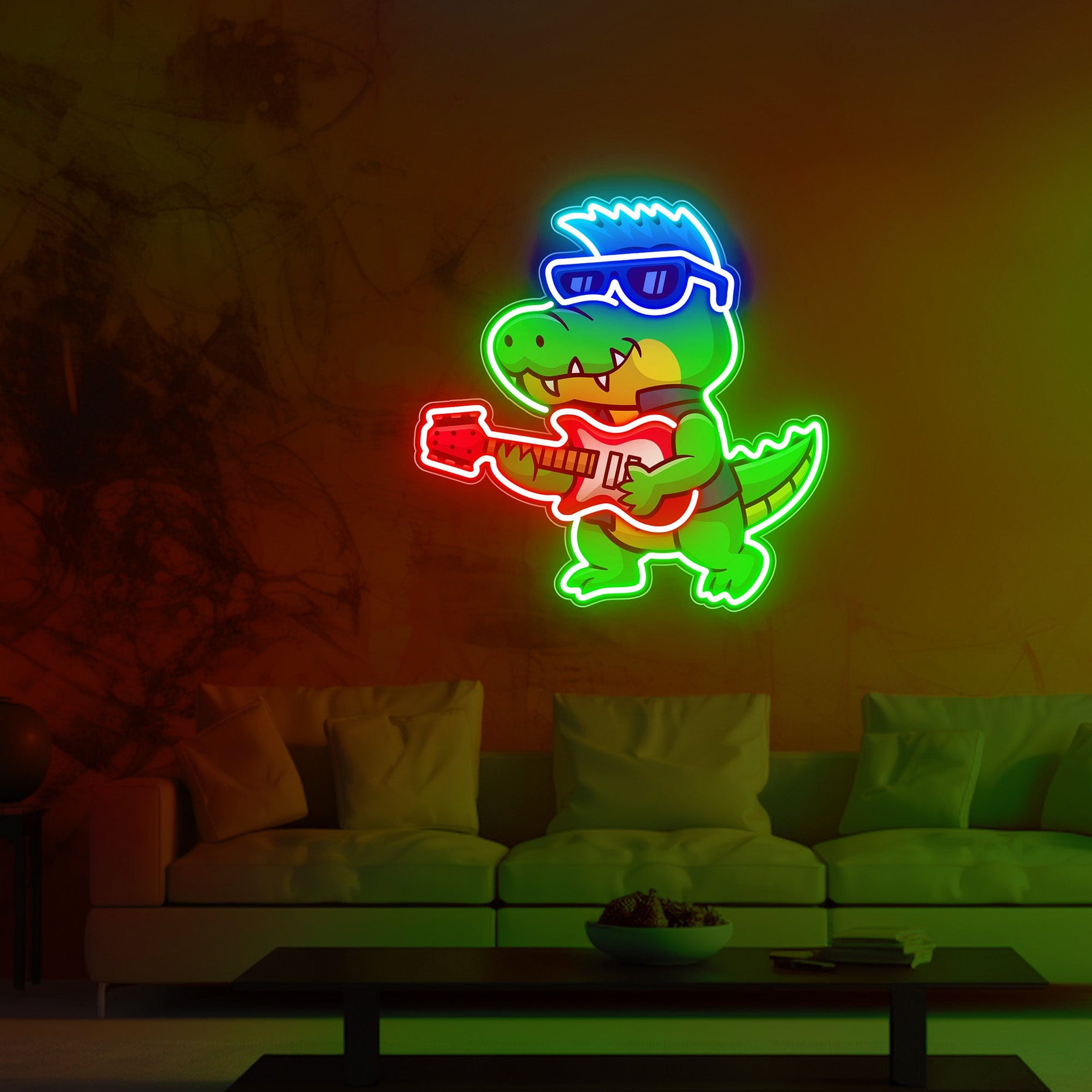 Dino Playing Guitar UV Neon Sign