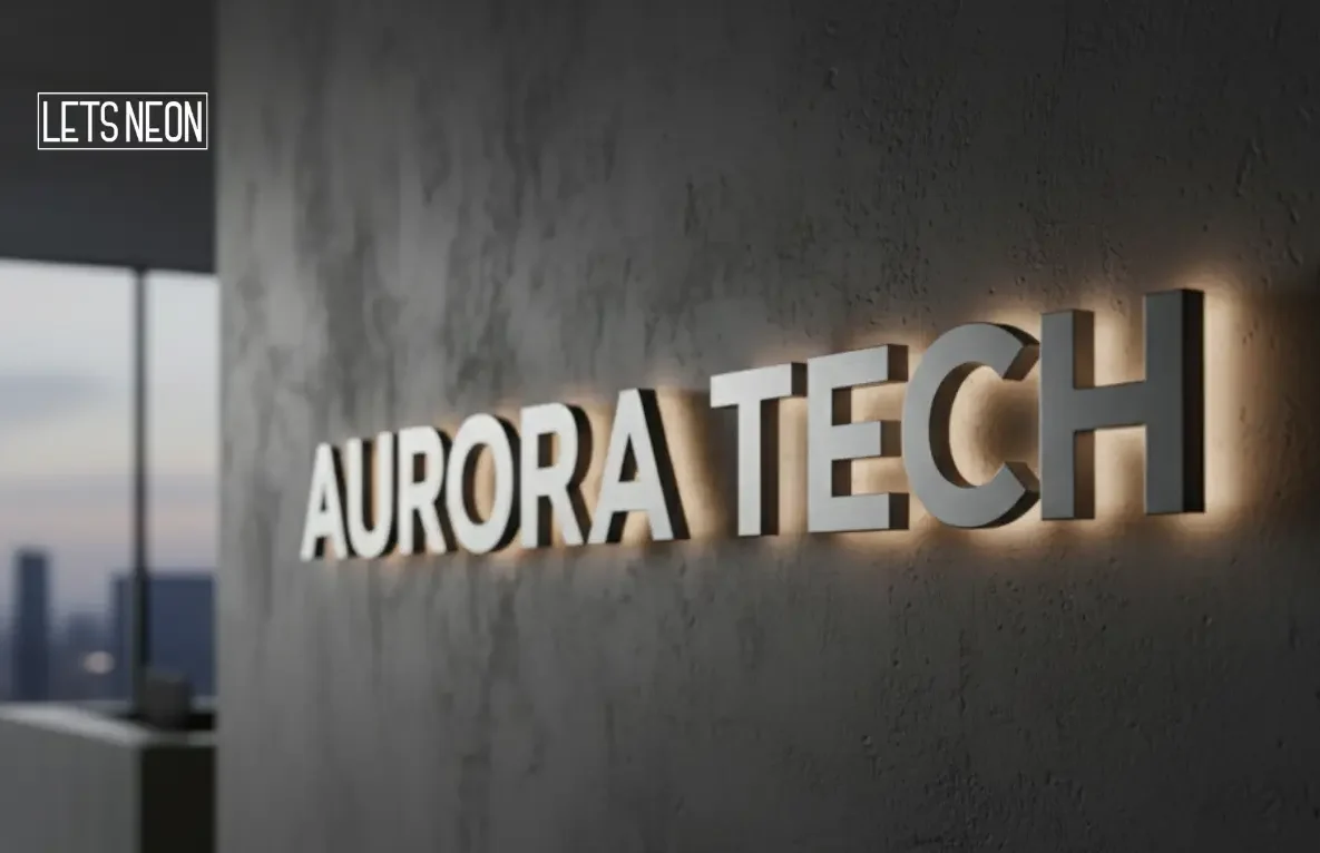 Metal backlit sign on building during the day.