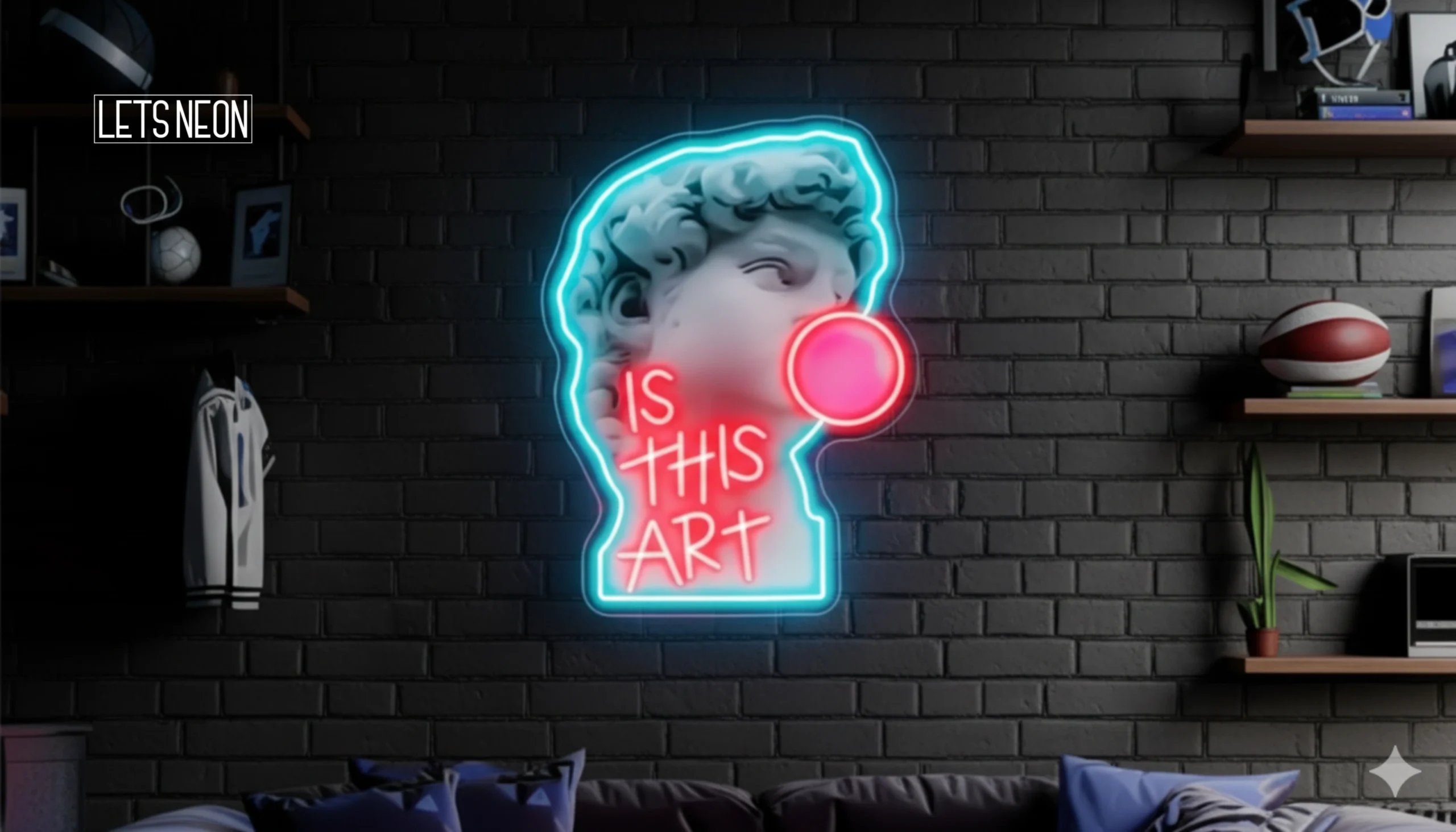 Neon signs for room glowing on wall.