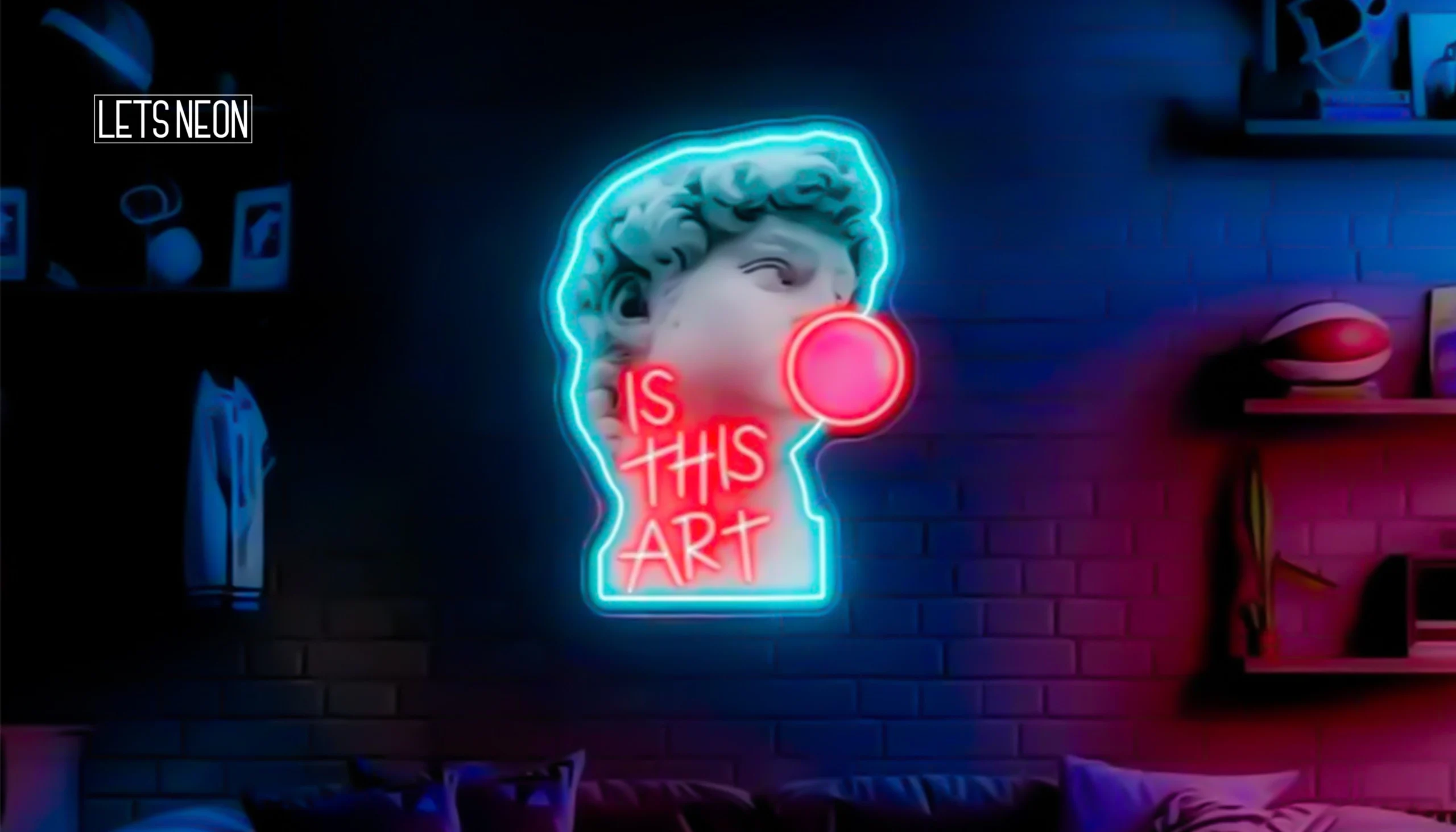 Customized neon signs glowing on room wall.