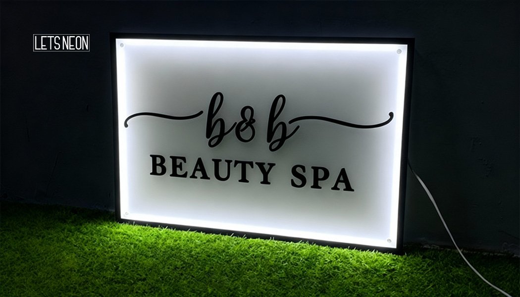 Glowing acrylic backlit sign in luxury interior